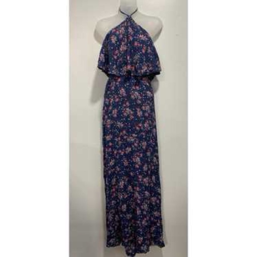 Floral Halter Maxi Dress - Navy with Pink flowers